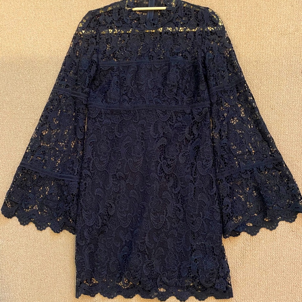 Bardot lace neck neck bell sleeve black dress, S 6